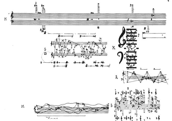 Image 2 of the gallery "<p>Composers such as Iannis Xenakis, John Cage, Mestres Quadreny, György Ligeti and Karlheinz Stockhausen opened up a whole spectrum of new possibilities in music composition, expanding into new territories and liberating music from the rigid bounds of traditional notation.</p>
<p>Xenakis's Metastaseis, Ligeti's Artikulation and a large part of the early production of Morton Feldman are direct references in the works generated with FORMS.</p>"